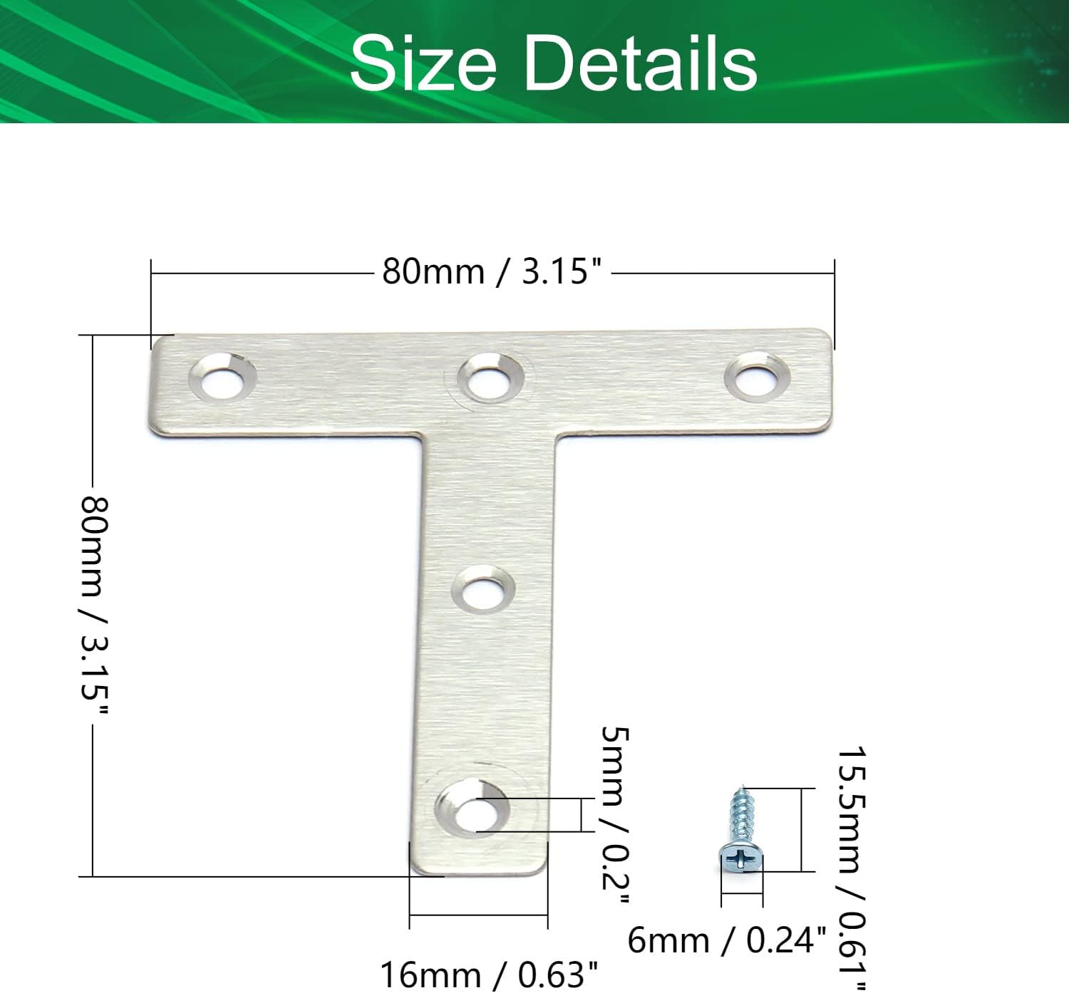 3.15"x 3.15"x 0.04"(LxWxT) Flat T Shape Repair Mending Plate Stainless Steel Joining Bracket Support Brace for Windows Screens 30Pcs