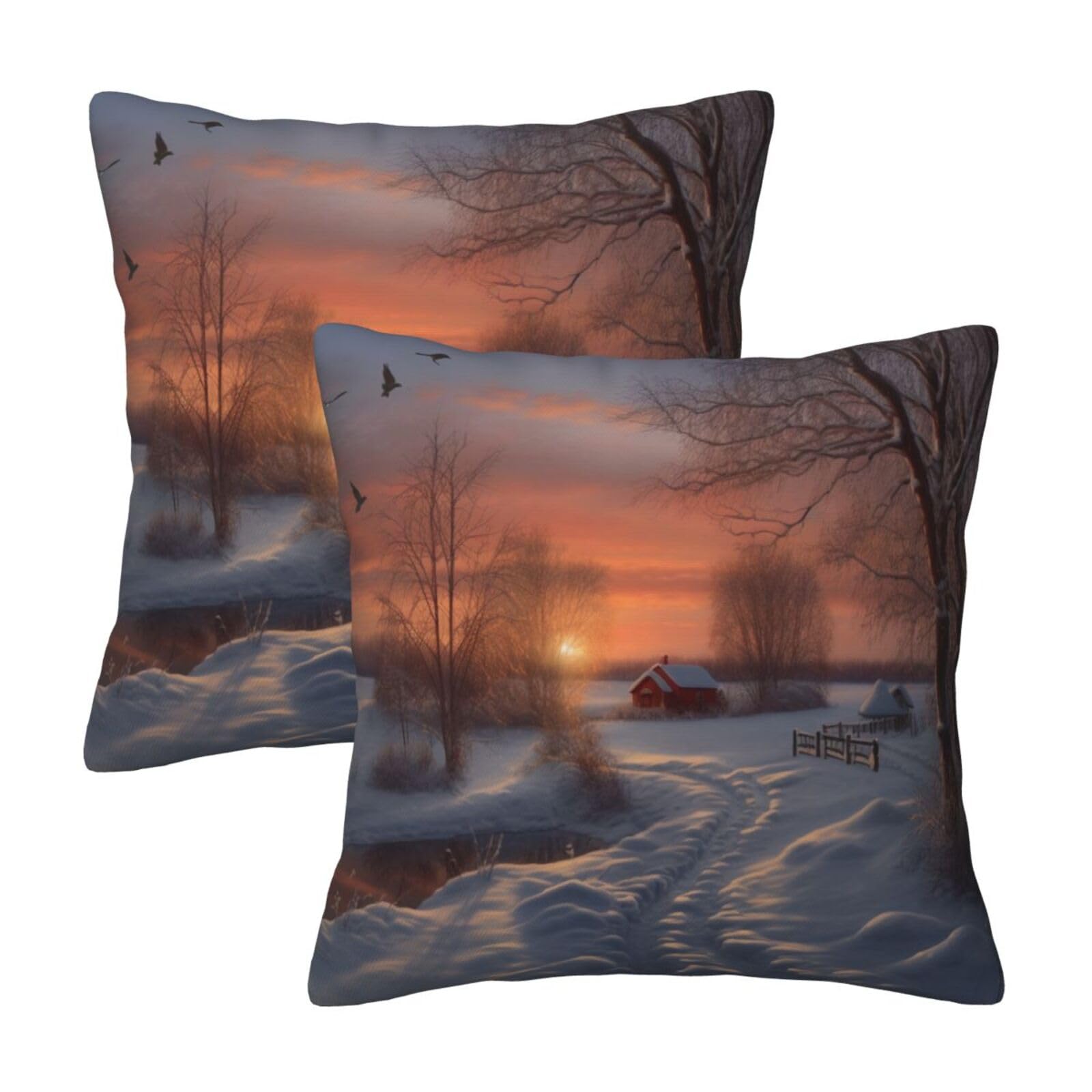 Winter Sunset Throw Pillow Cases 2 Pack Square Pillowcases Soft Pillow Protectors for Couch Livingroom Sofa Bed Office Car,30x30 CM