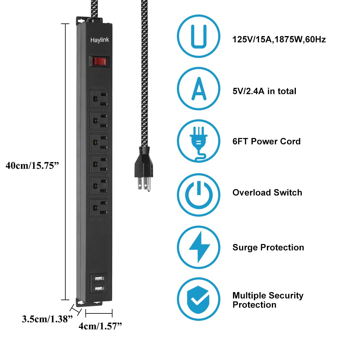 Metal Power Strip with USB, Haylink Rack Mount PDU Surge Protector