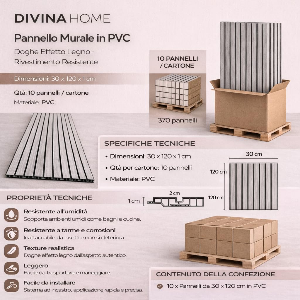 Panel decorativo de PVC con listones efecto láminas de madera, juego de 10 unidades de 120 x 30 cm, revestimiento de pared, nogal claro