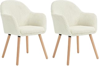 WOLTU Sillas Comedor Estilo Vintage Juego de 2, Silla Cocina, Silla Nordica con Respaldo y Reposabrazos, Tela Pana, Estructura de Madera, Sillas para Tocador, Escritorio, Crema, EZS26cm-2