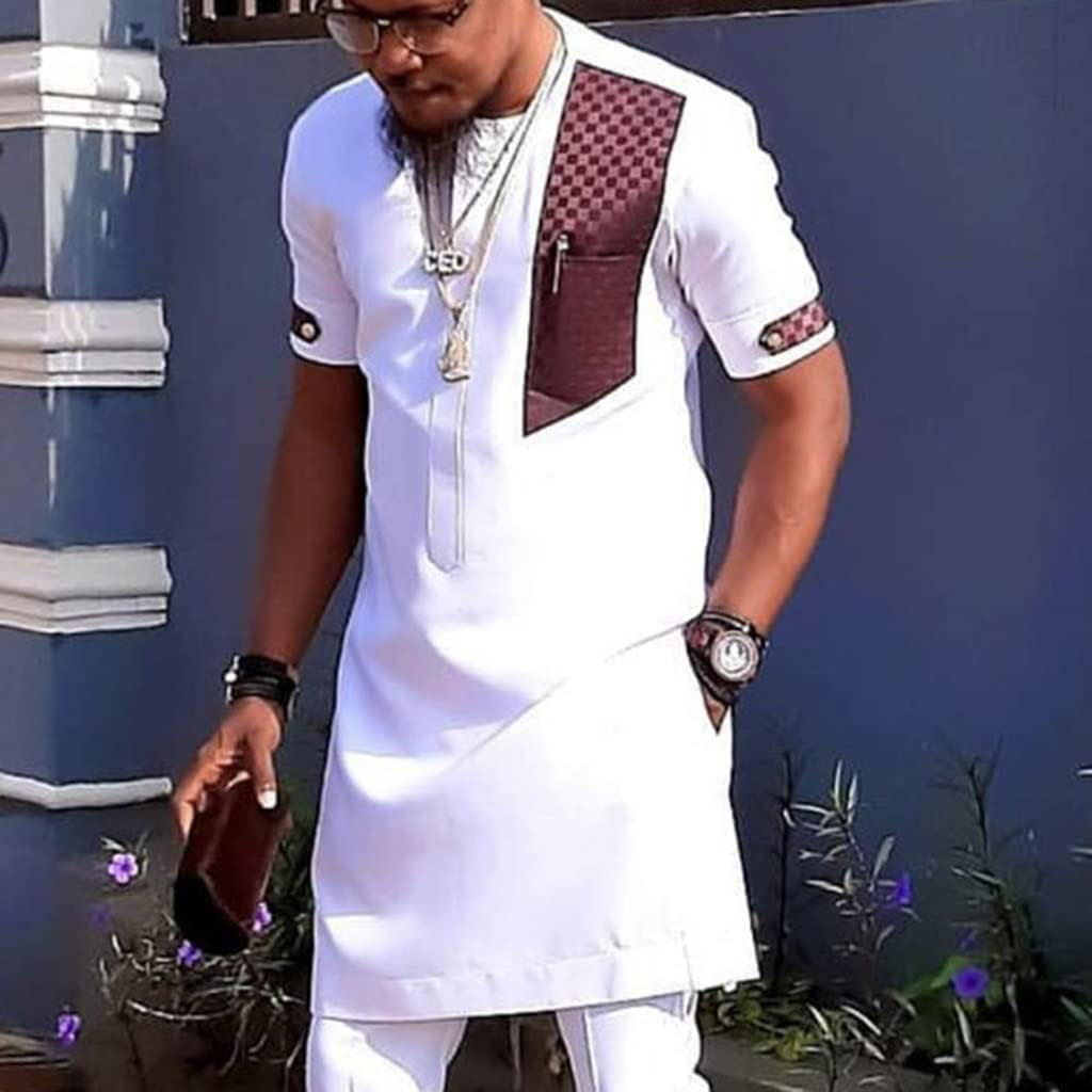 African Suits for Men Dashiki Short Sleeve Clothing Shirt and Pant 2 Piece Attire Outfits with Pocket Trimand Tops (Color : White, Size : Large)