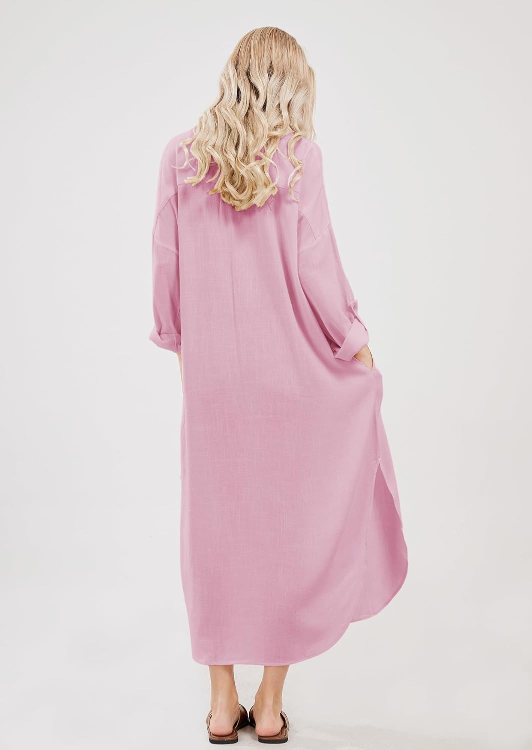 utcoco Womens Casual Loose Cotton Linen Long Shirt Dress Lapel Button Cuffed Sleeve Side Split Dresses with Pockets - Image 7
