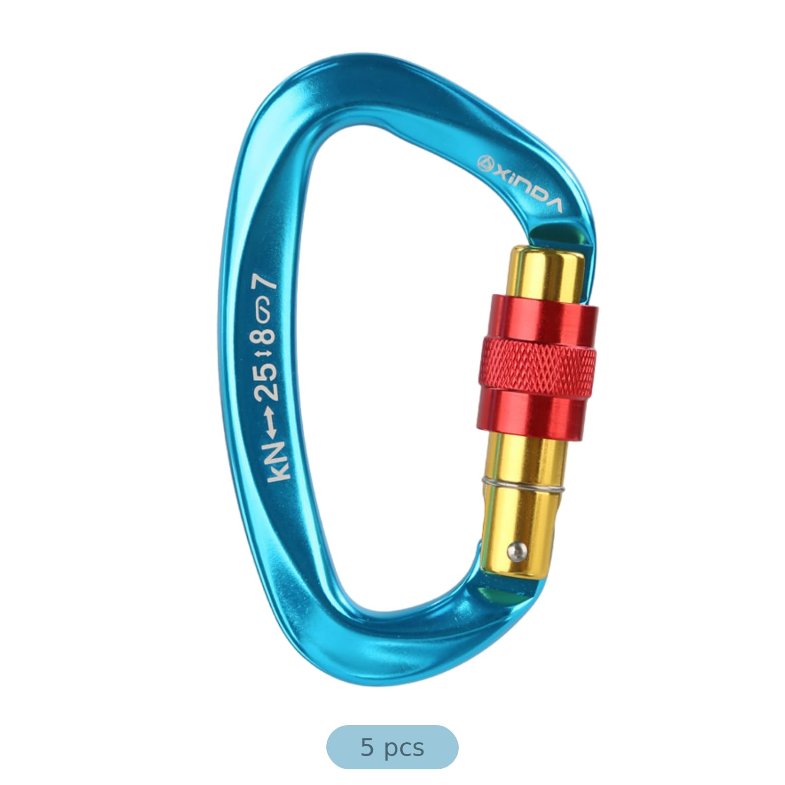 5 STK. Karabinerhaken mit sicherem Schraubverschluss, 25 kN Kletterkarabiner aus Aluminiumlegierung, D-Form, UIAA und CE geprüft, für Klettern, Wandern, Abseilen, blau, 10 x 5,6 x 1 cm