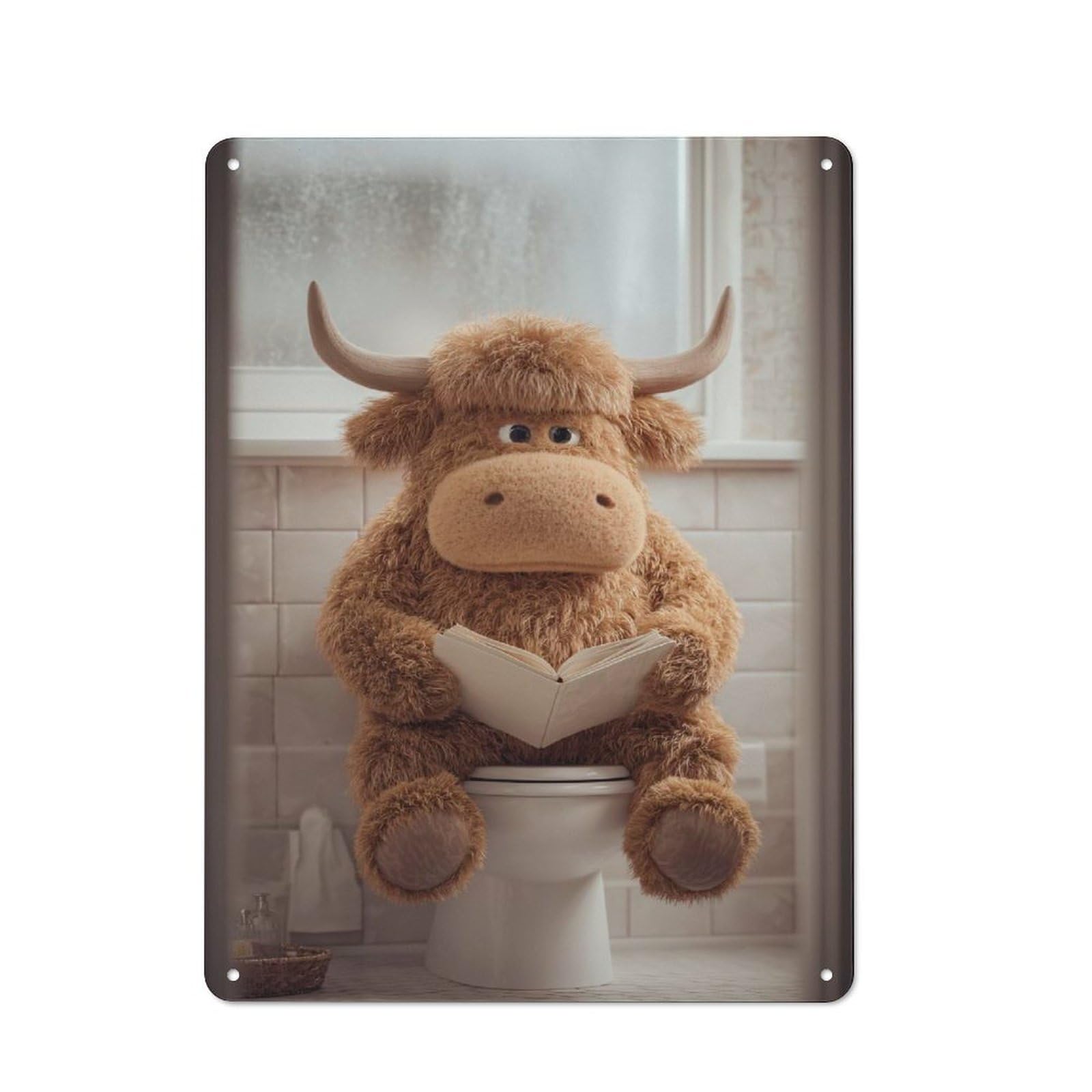 Retro Metal Sign with Stuffed Highland Cow Reading on Toilet Design 40x30cm, Retro Old Style Wall Plaque for Kitchen, Hallway, Bar Or Small Cafe