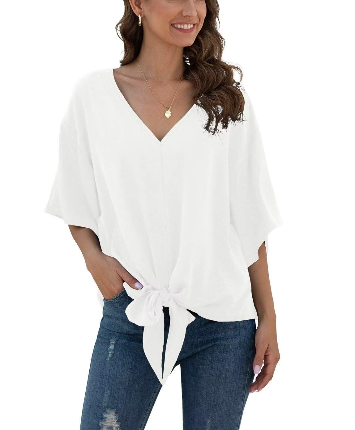 Bluse Damen Sommer Chiffon Tunika Tops Kurzarm Elegant Oberteile V-Ausschnitt Loose Casual Tie Front Trompetenärmel T Shirts S-2XL