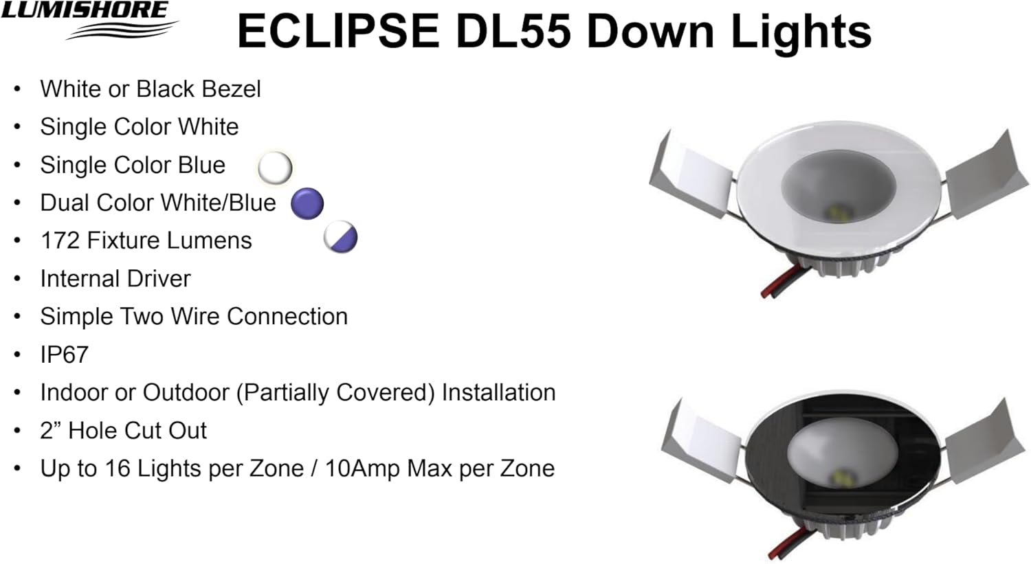 Lumishore DL55 Eclipse LED Downlight – White (Black Bezel), Dimmable, Flush Mount, Shallow Depth, Simple 2 Wire, 60-0484