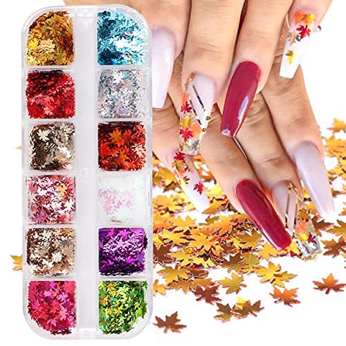 12 Colors Fall Nail Art Stickers Maple Leaf Nail Glitter Sequins 3D Nail Art Accessories Autumn Leaf Shape Flakes Holographic Gold Red Maple Leaves Paillettes Designs Acrylic Nails Supply Kit