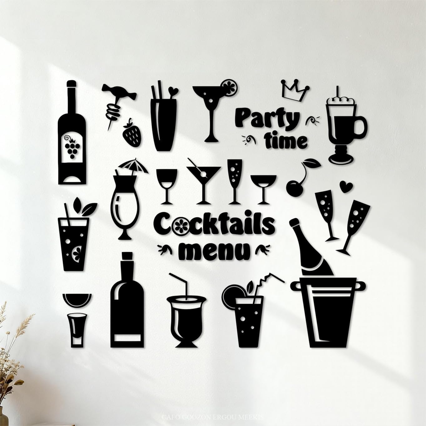 Wall Decals PVC Drink Glass Martini Cocktail Menu Collection Cafe 54.6x63.6cm Wall beautification Black — image 1