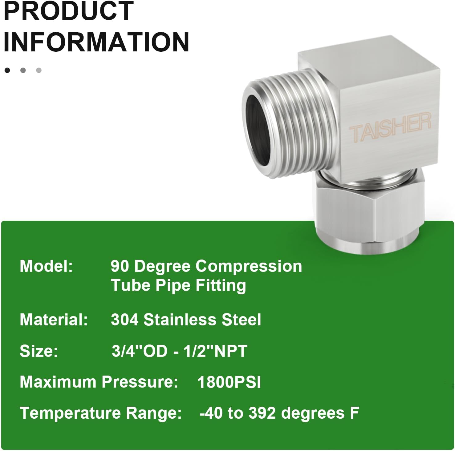 TAISHER 2PCS 304 Stainless Steel Square 90 Degree Compression Tube Pipe Fitting Connector, 3/4" Tube OD x 1/2" NPT Male Adapter