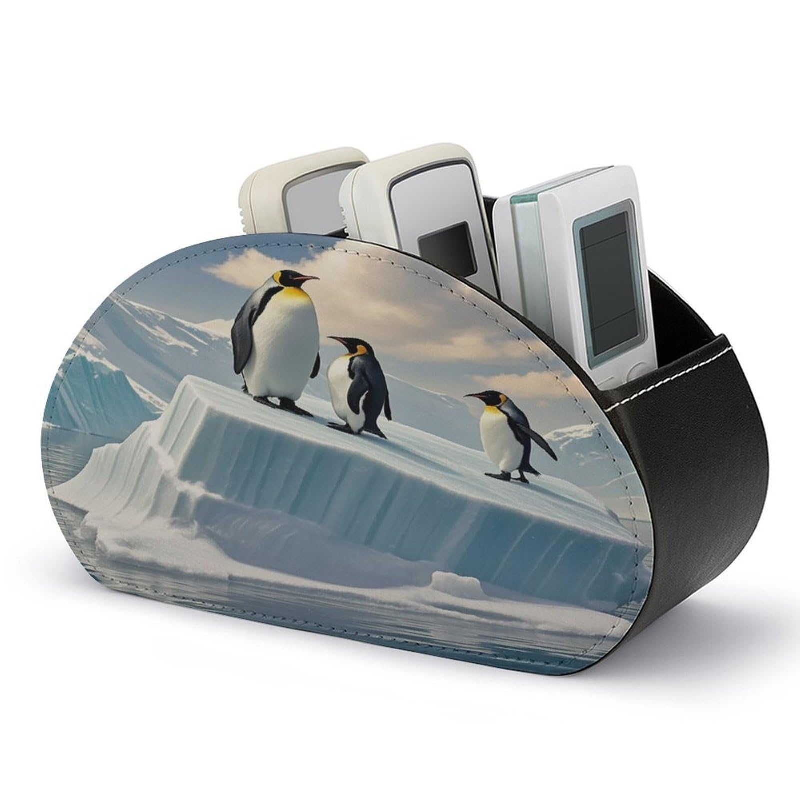 FekiLoot Leather TV Remote Control Holder with 5 Compartments Multifunctional TV Remote Holder Bedside Table Remote Caddy Storage Box Penguins On The Iceberg Remote Organizer for Home Office