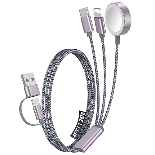 Miniatura 25 de Paquete de 1 cable de carga múltiple para artículos esenciales de viaje, cargador de Apple Watch, cargador de iPhone, [3 en 2] cable tipo Gris,Negro