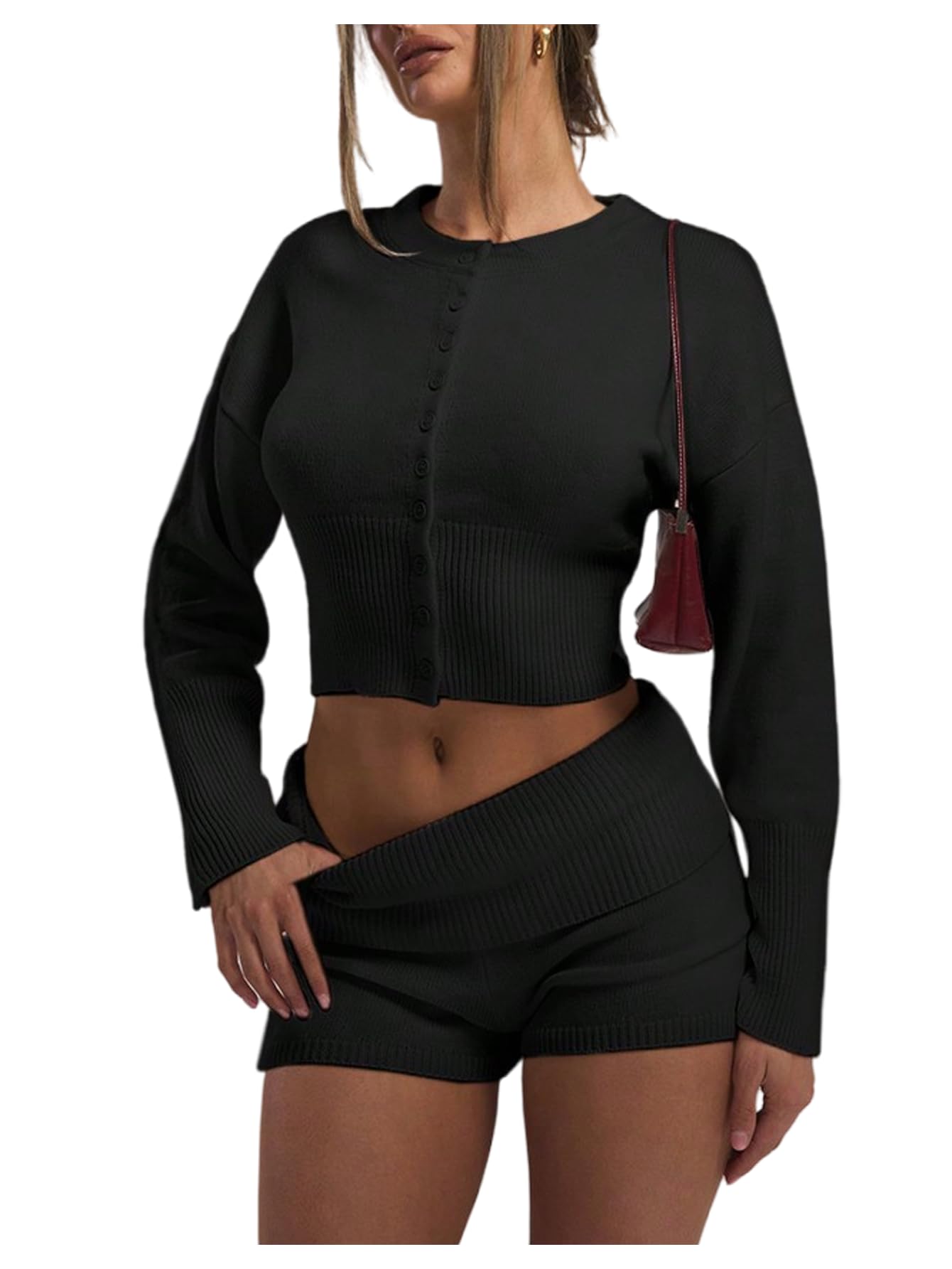 GORGLITTER Womens Button Up Cinched Waist Cardigan Crew Neck Cropped Sweaters Long Sleeve Knit Fitted Pullover Tops