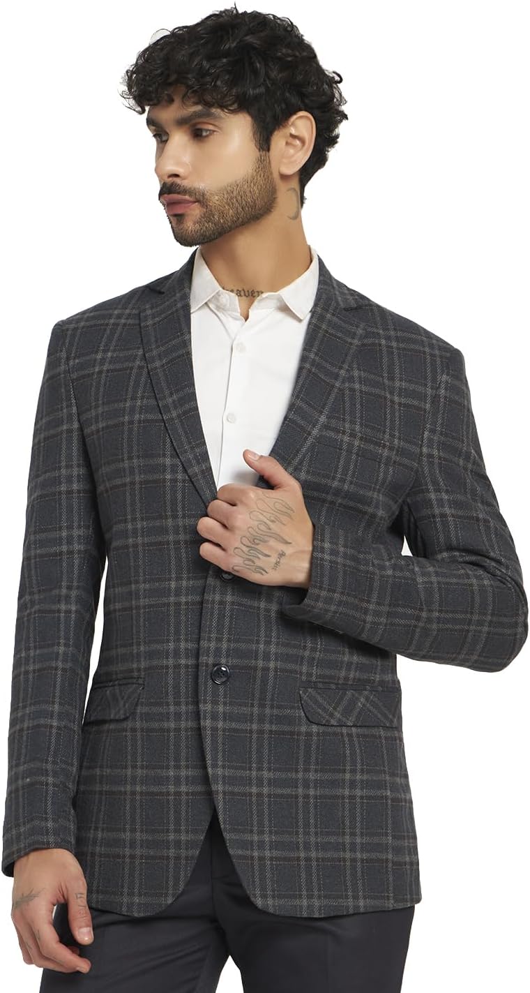 Men's TRJ Tweed Checkered Blazer | Regular Fit Notch Lapel 2-Button Single Breasted Teal Blue Formal Jacket for Wedding, Office & Occasion