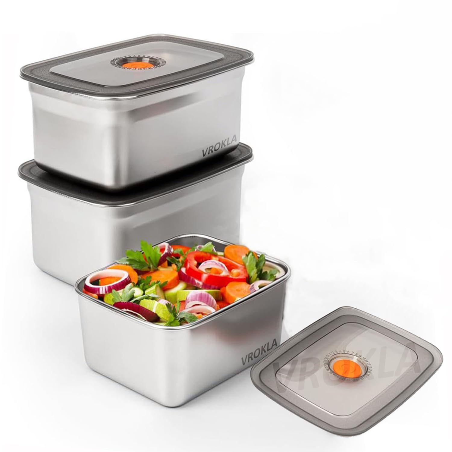 VROKLA 3pcs Stainless Steel Fridge Storage Containers with Leak-Proof Airtight Lids, Reusable Metal Boxes, Stackable, BPA-Free, Dishwasher Safe for Snacks, Fruits (1500 ML)