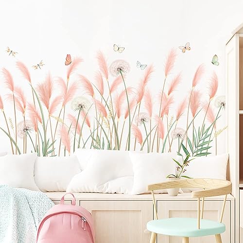 Runtoo Calcomanías de pared de flores rosadas, diseño de diente de león, mariposa, decoración de pared para sala de estar, dormitorio, habitación de