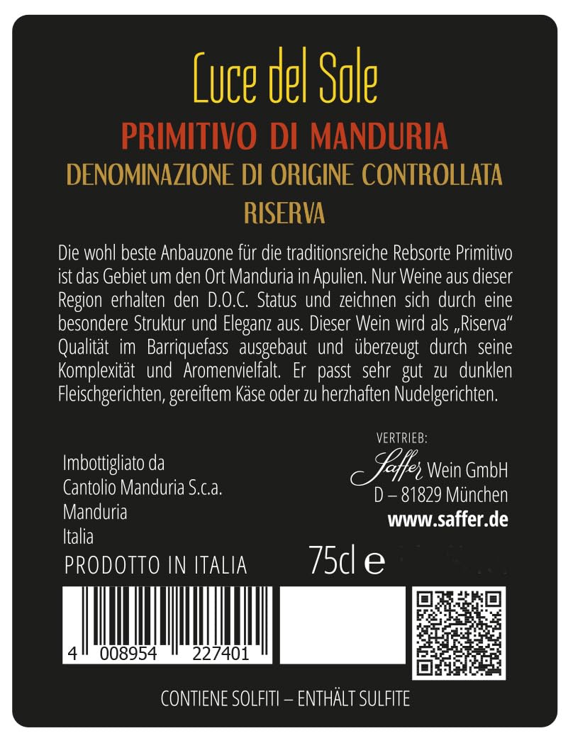 Primitivo di Manduria DOC Riserva "Luce del Sole" Rotwein Apulien trocken (6 x 0.75l)