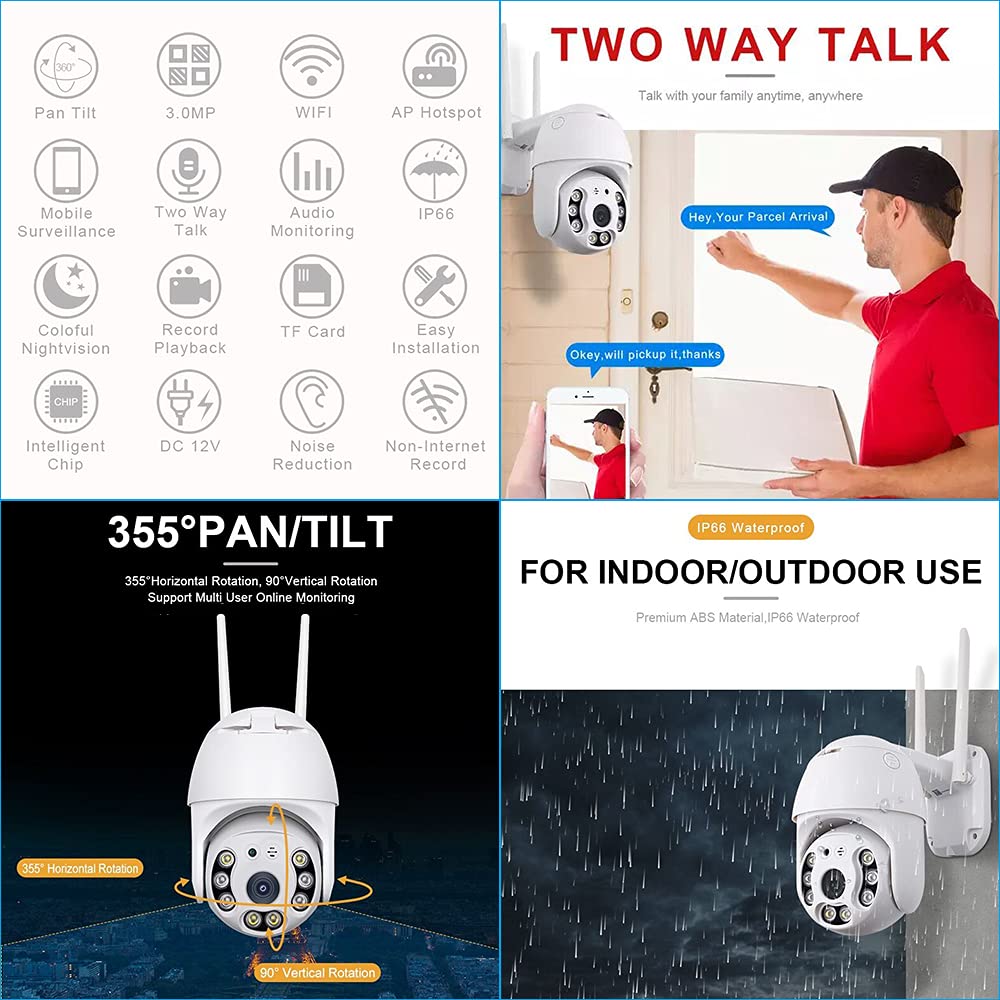 3MP HD Smart Wi-Fi Cámara IP PTZ Seguridad Movimiento Detección Alarma Seguimiento de Movimiento Al Aire Libre Impermeable IP66 Color IR Visión Nocturna - Smart Life App Control