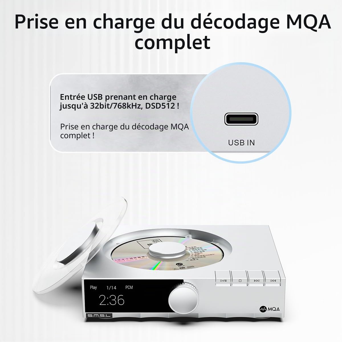 S.M.S.L PL200T MQA-CD Référence Transport Numérique Triple Puissance, Anti-Vibration 32bit/768kHz DSD512 Horloge IO 44.1kHz/10MHz Lecteur CD MQA