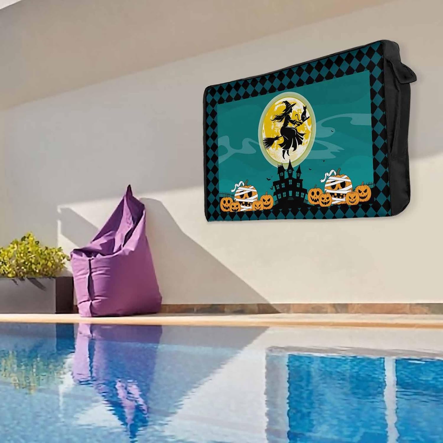 Halloween Outdoor TV Cover Witch Silhouette Pumpkin Moon Green Plaid Waterproof and Weatherproof 30"-32" LCD Movable Shield TV Display Screen Protector Outside Television Covers 30"Wx19"H