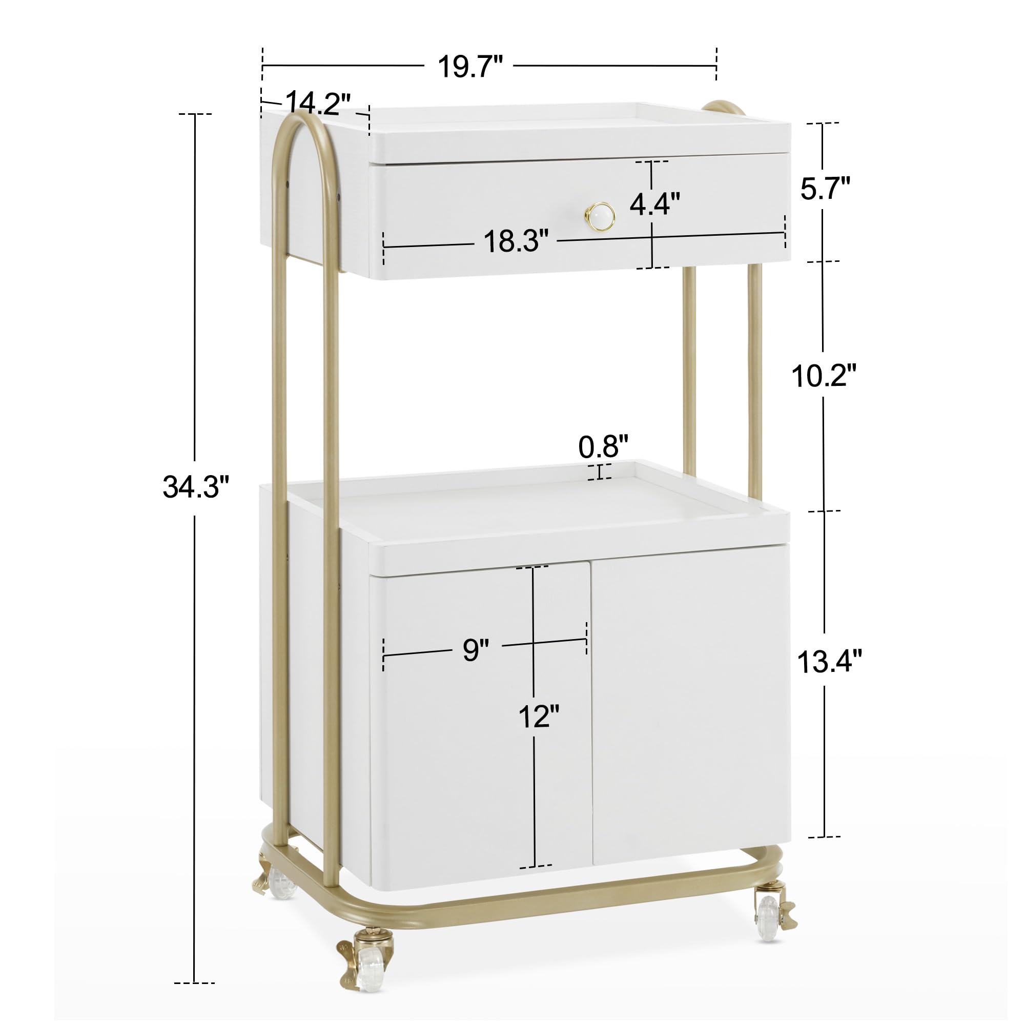 BarberPub Salon Trolley with Universal Wheels, Storage Rolling Cart with Drawer, Barber Shop Tool Organizer for Hair Stylist, SPA Metal Trolley for Storing Skin Cosmetics 2074 (White)