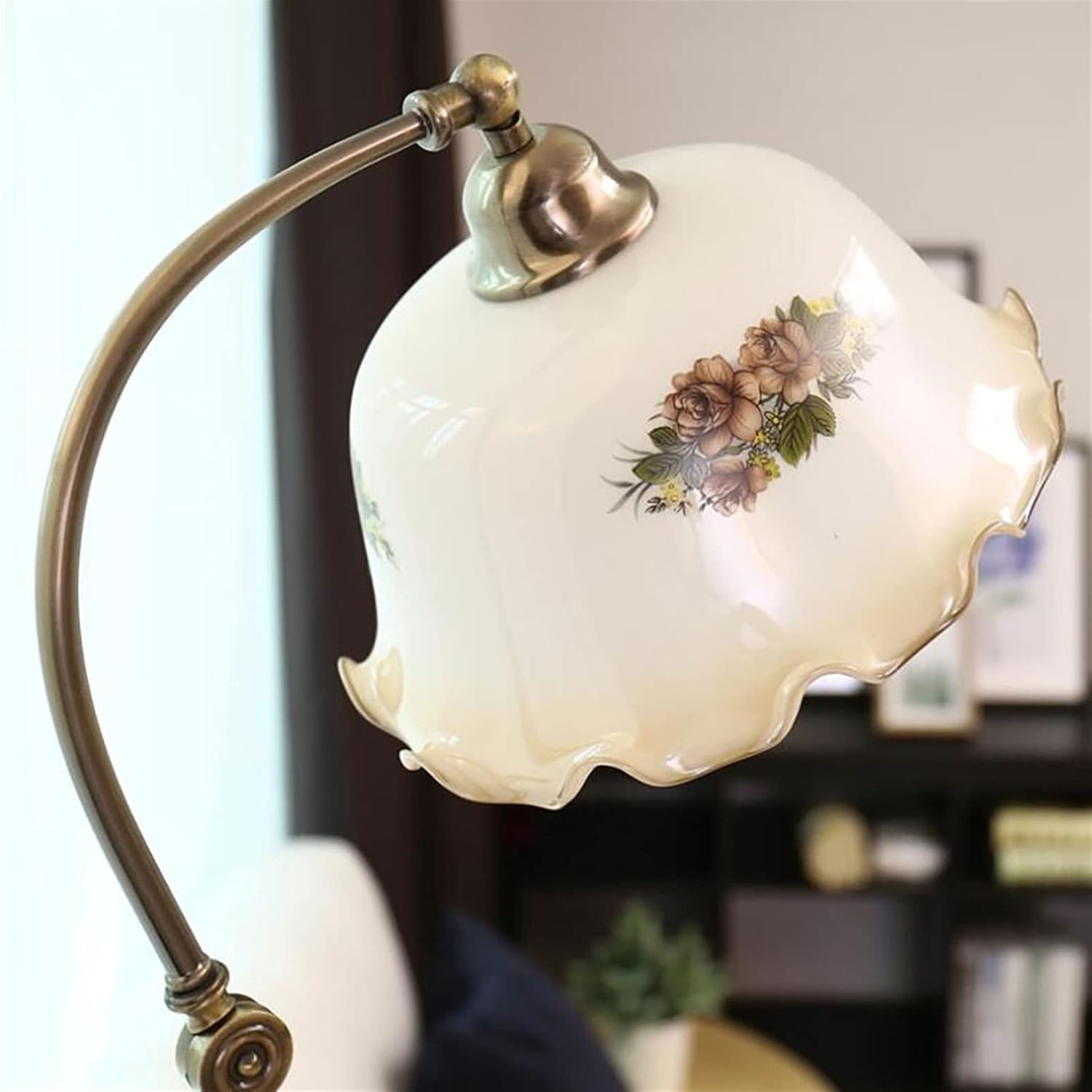 Lampa Podłogowa Do Salonu Europejska Lampa Podłogowa Z Drewna, 3-kolorowa Regulowana Lampa Stojąca Z Możliwością Przyciemniania Z Ręcznie Malowanym Szklanym Kloszem Ogrodowym