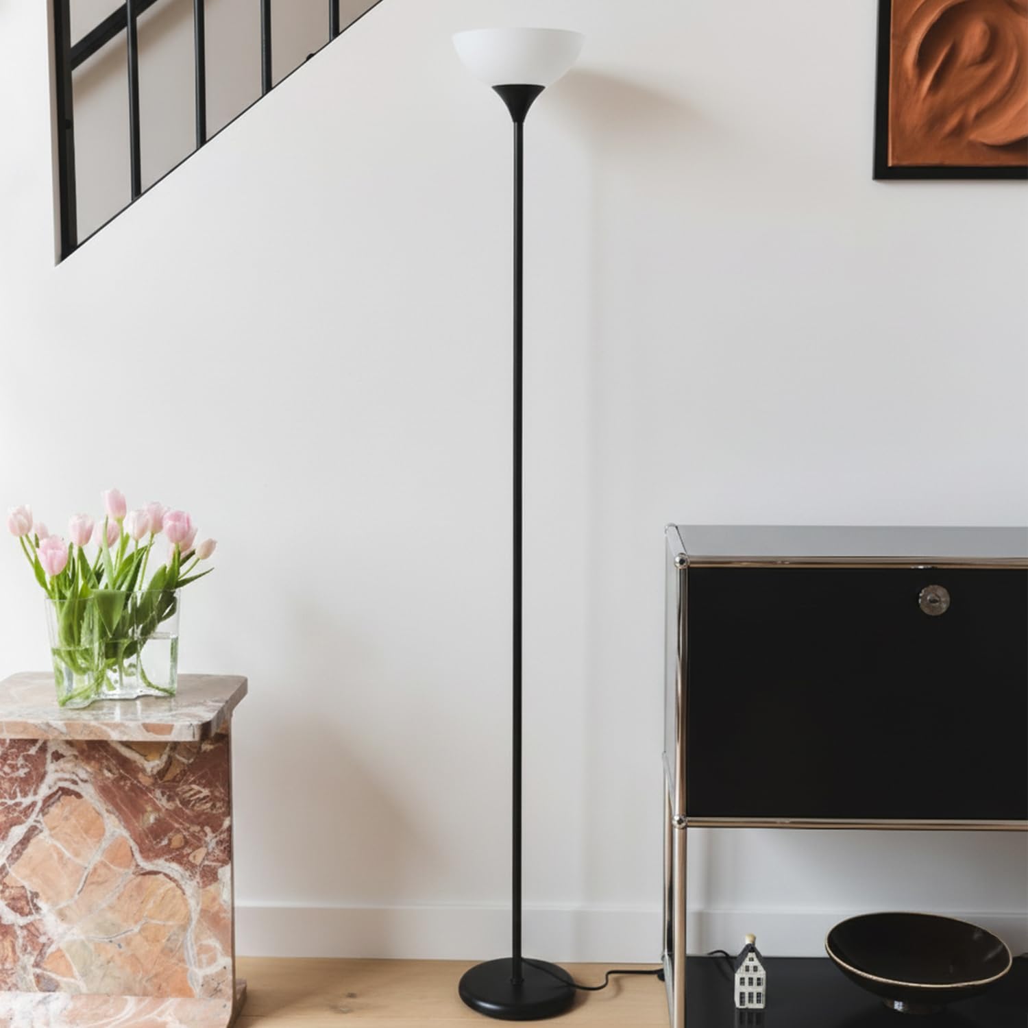 Brightech Sky Dome Dimmable LED Floor Lamp, Torchiere Floor Lamp for Living Room, Bedroom, & Office – Tall Torch Standing Lamp for Reading, Modern Home Decor – Jet Black