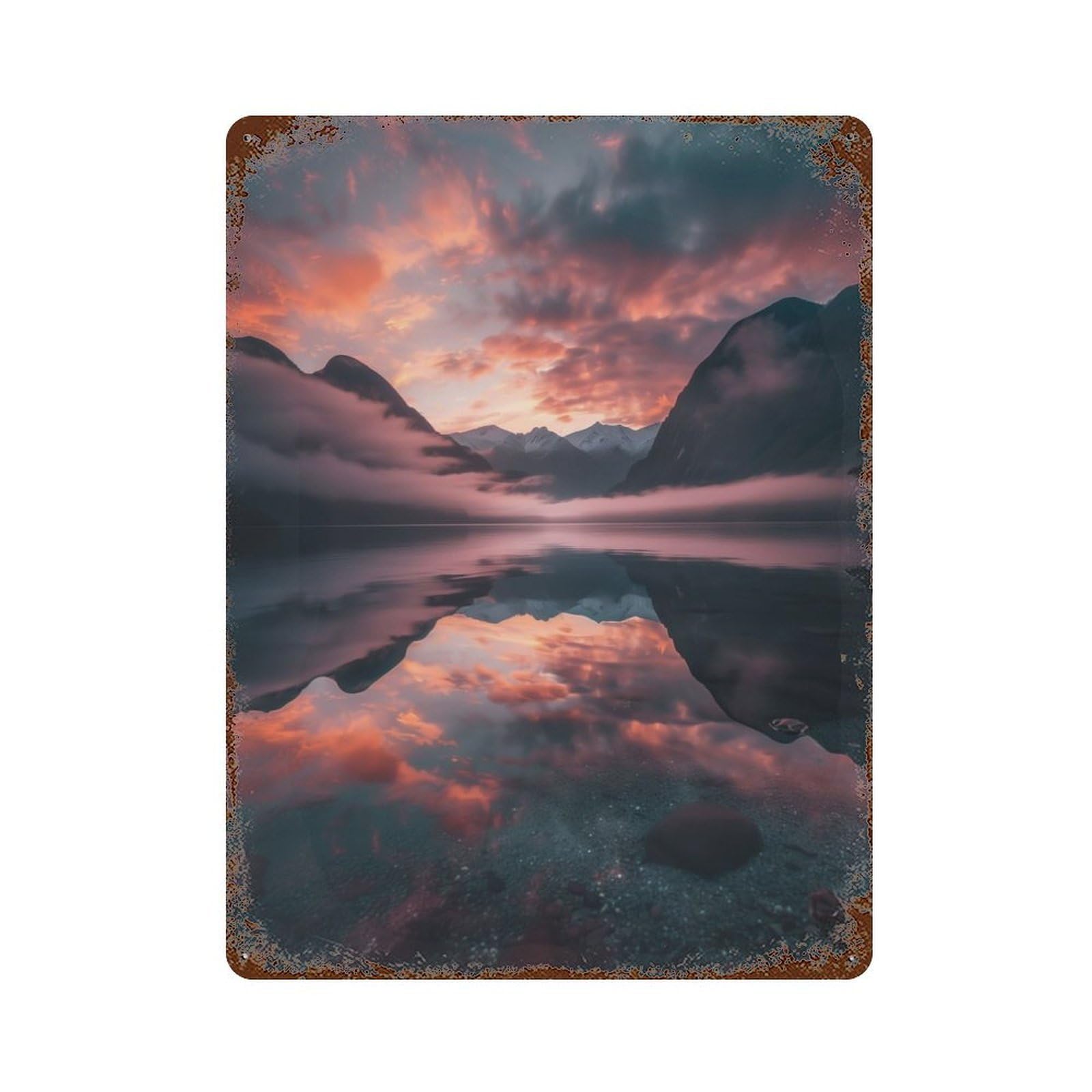 Fiery Dawn at Fiordland 15.7"x11.8" Rust Effect Tin Sign, Rustic Home Decor for Office, Studio And Wall Decor