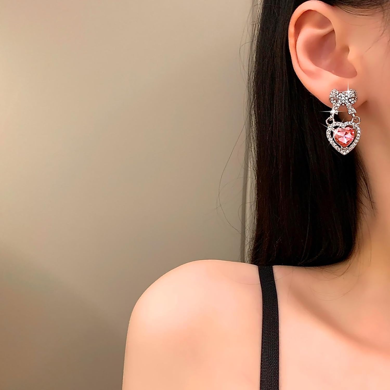 Boho Crystal Heart Earrings Pink Heart Dangle Earrings Vintage CZ Bow Stud Earrings Personalized Bowtie Heart Drop Earrings Jewelry for Women - Image 5