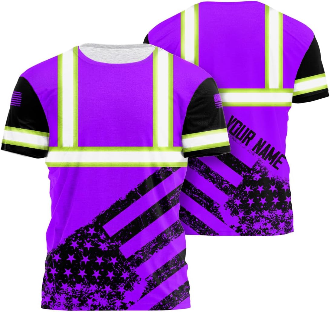 US Flag with Neon Color High Visibility Shirt for Men Women Custom Name Reflective Safety Shirts for Workers