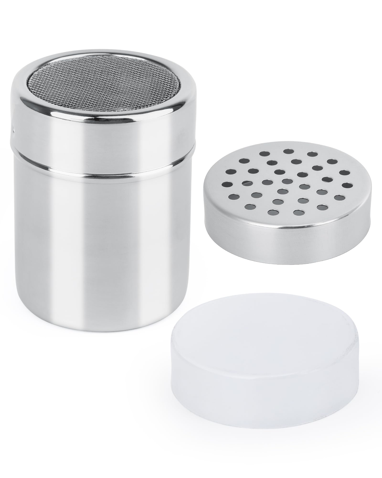 Acual Flour Shaker, Chocolate Shaker for Cappuccino,Dual Lid (Fine Mesh & Large Hole), Stainless Steel Salt Shaker for Kitchen Baking Cooking Cappuccino Coffee Latte Coffee