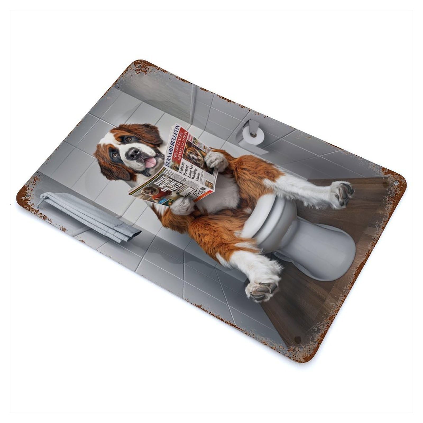 Rust Effect St Bernard on The Toilet Aged Metal Wall Plaque 11.8"x7.9", Rustic Home Decor for Bistro, Counter And Cafe Decor