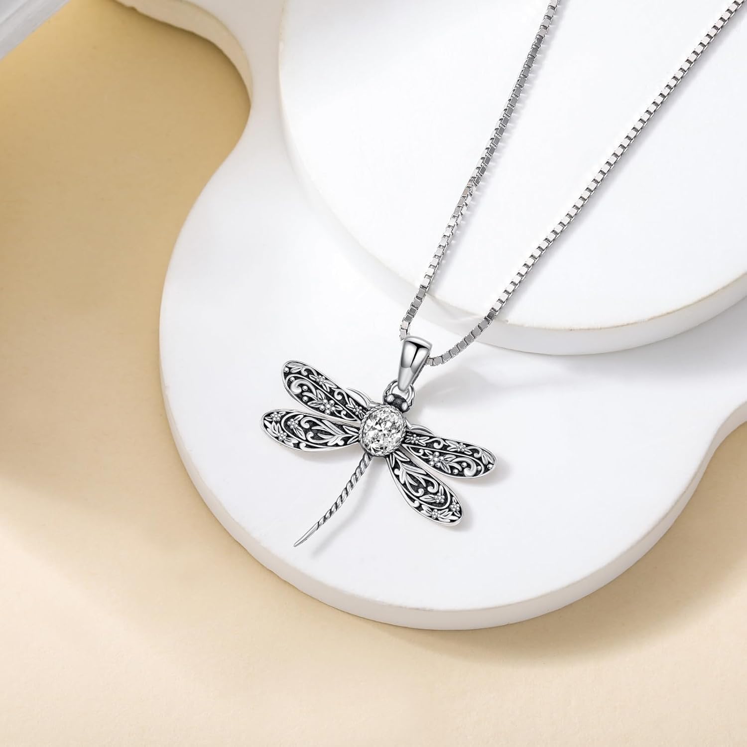 Vintage Dragonfly Necklace for Women 925 Sterling Silver, Oval Birthstone Dragonfly Pendant Boho Jewelry Birthday Gift for Her, Mom, Grandma - Image 3