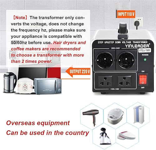 Miniatura 4 de Yinleader transformador convertidor de voltaje de 110 V a 220230 V, transformador paso de subidabajada de 120 V a 240 V con 2 enchufes EE. UU. y 2