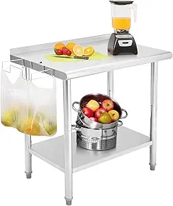 NSF Stainless Steel Table, 36" x 24" Work Table with Adjustable Undershelf, Detachable Trash Bag Holder, Metal Work Table Workbench for Home Kitchen Restaurant Outdoor