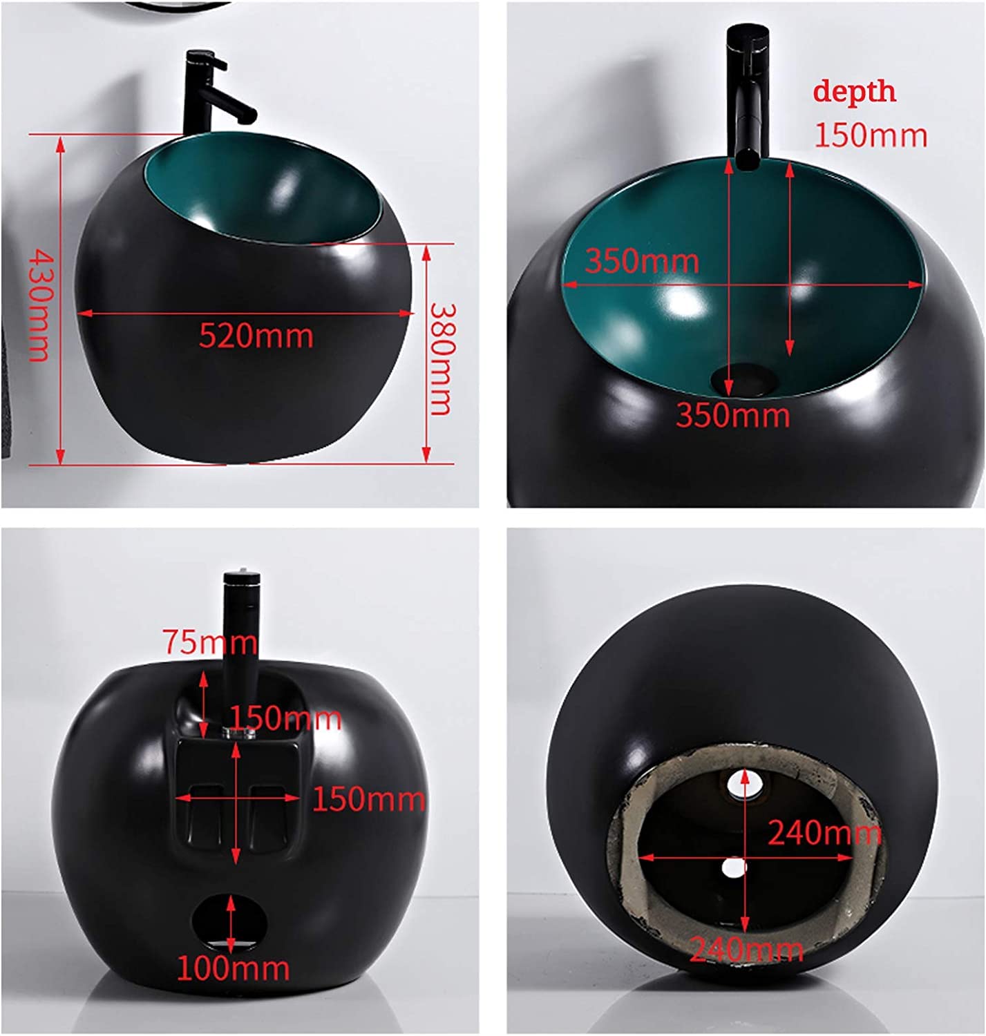 Ceramiczna Umywalka Łazienkowa Mała Kulista Umywalka Łazienkowa Montowana Na Ścianie Ceramiczna Umywalka Nablatowa Z Odpływem Typu Pop-Up, 520X520X430 Mm, Poma,Green