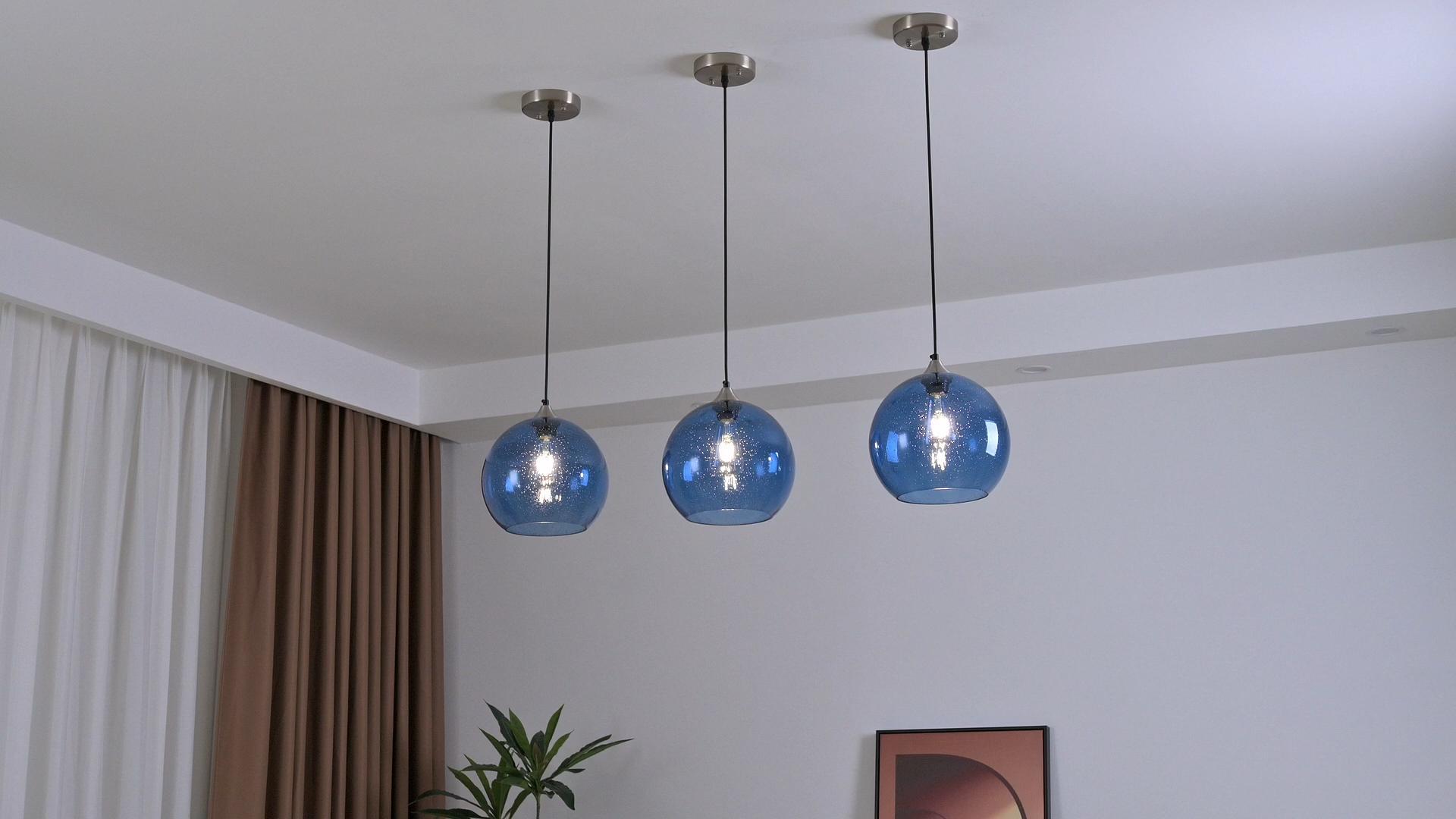 Image of Blue Glass Pendant Lights Kitchen Island Lighting Globe Pendant Light Fixtures Modern Pendant Lighting for Kitchen Island Bedroom Living Dining Room Light Fixture(9.84in, 3-Pack)