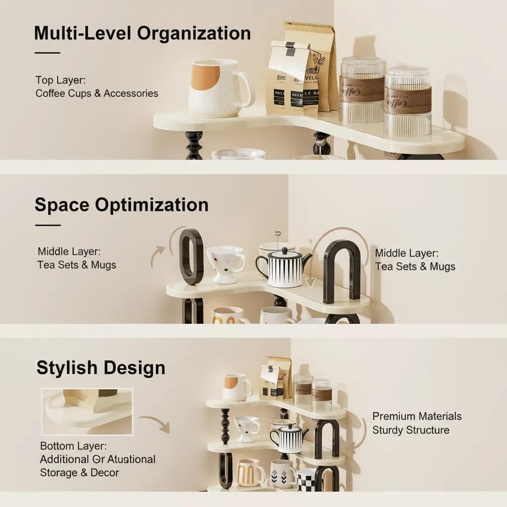 Multi-Functional Right-Angle Kitchen Cup Storage Rack, Drainable Cup Holder with Tea Bag and Coffee Organizer Shelf for Water, Tea, Coffee Cups