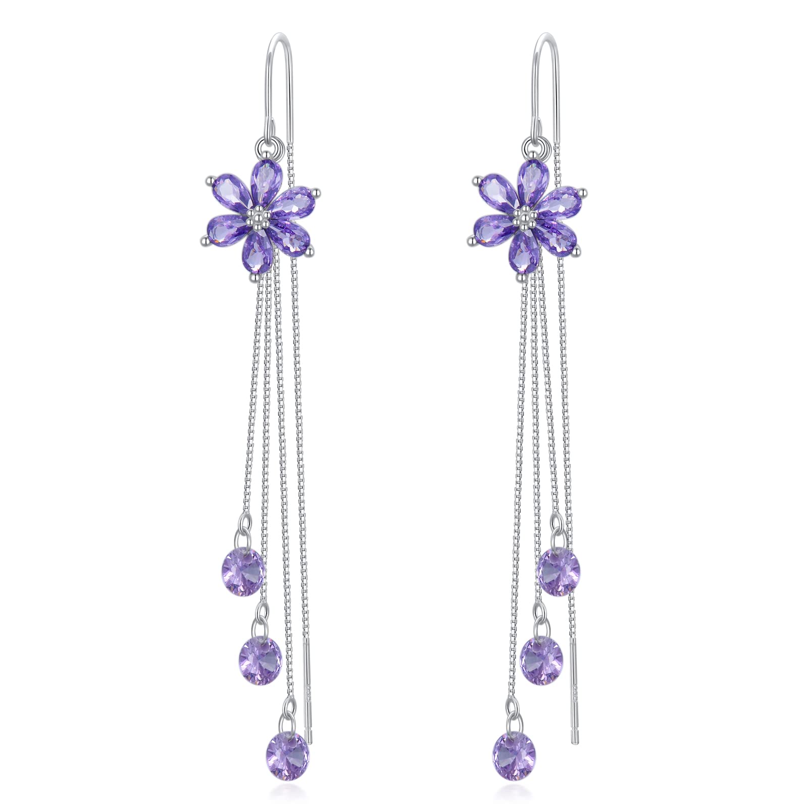 925 Sterling Zilveren Bloem Threader Oorbellen Bloem Hoop Oorbellen Daisy Dangle Oorbellen Pull Through Oorbellen voor Vrouwen Meisjes, 3.34 x 0.39 inches, Zilver, Zirkonia