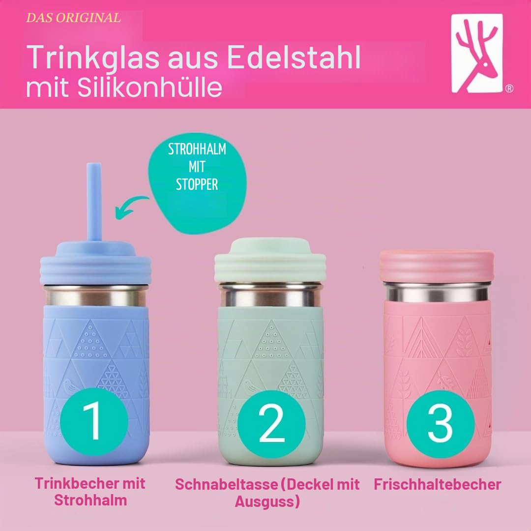 Elk and Friends 400 ml SS-Gläser Edelstahl Kinder Trinkbecher | Mason Jar mit Silikonhülle & Deckel | Silikon Strohhalm | Smoothie Becher | Auslaufsicher | Spülmaschinengeeignet | 2er Set
