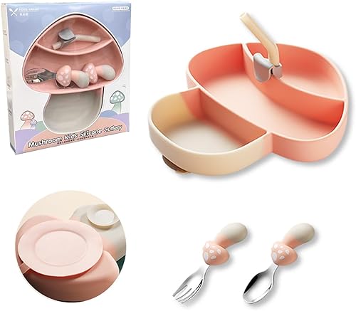AHOTA Silicone Suction Plate for Toddlers, Spoon, Fork, Baby Eating Essentials, Toddler plate and Utensils Set(Silicone Baby Feeding Set - Pink