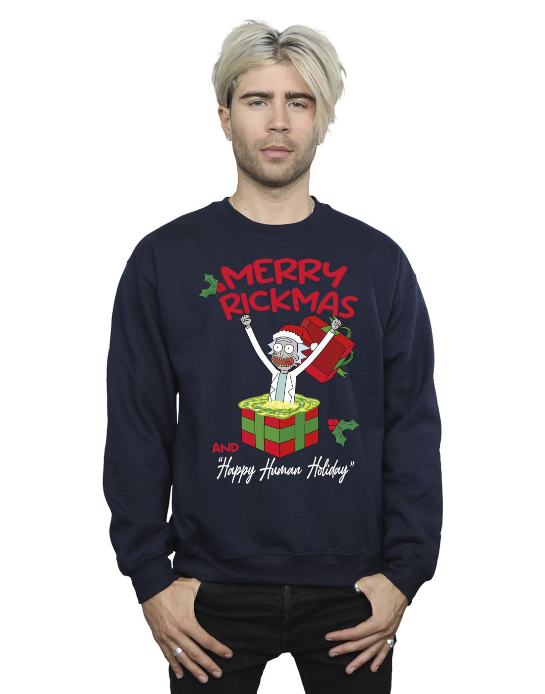 Absolute Cult Men's Navy Blue Rick & Morty Present Surprise Sweatshirt Small