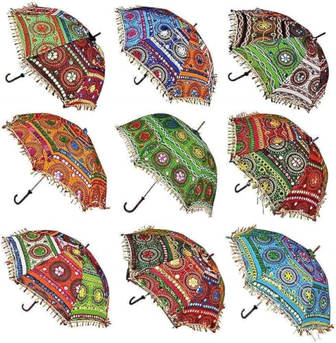 Marusthali indian wedding decor umbrella, wedding umbrella bulk, bohemian handmade design cotton fashion colorful umbrella embroidery boho umbrellas parasol (Assorted Embroidery, 5 Pcs lot)