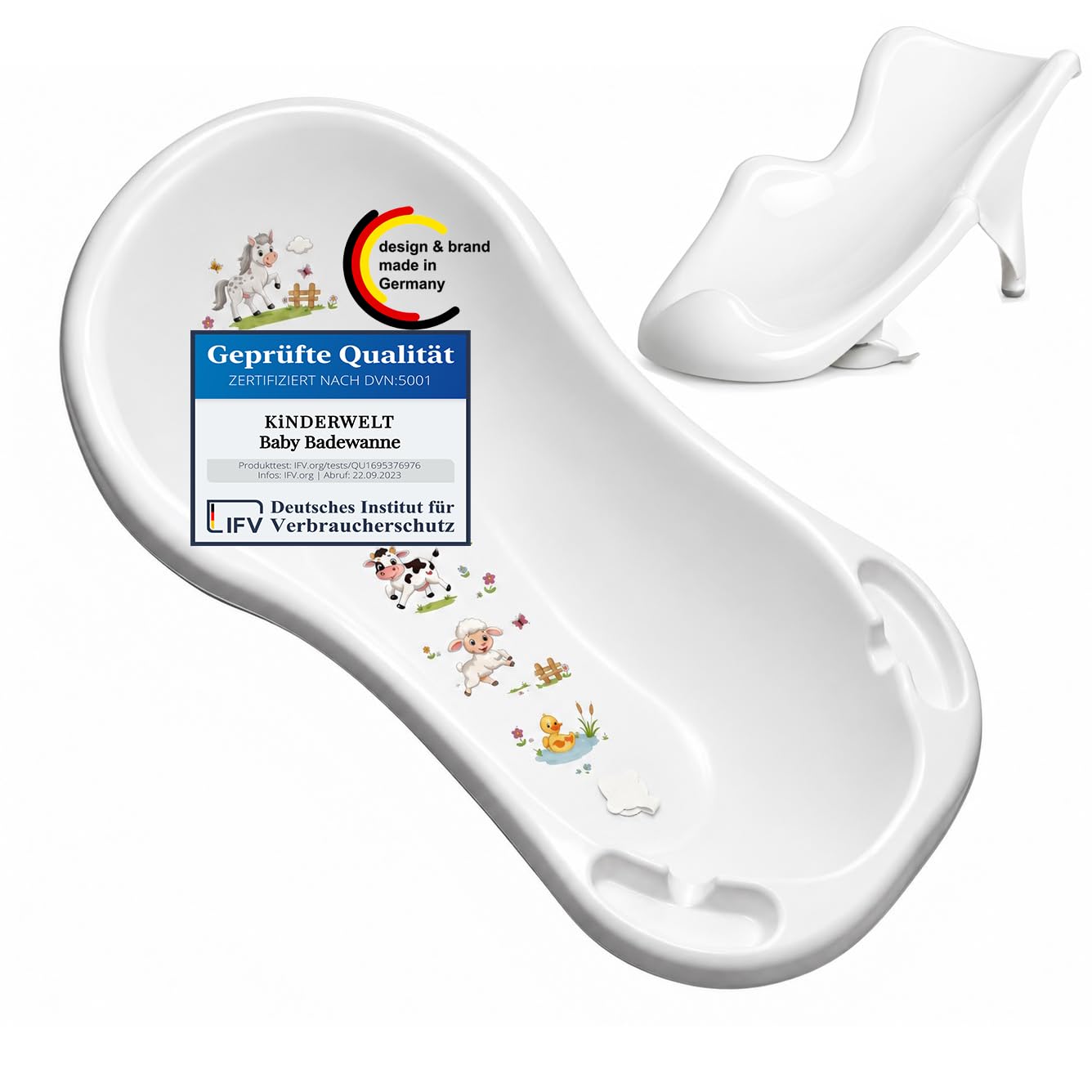 Funny Farm Blanco Bañera de Bebé XXL 100CM Con Tapón + Asiento de Bañera