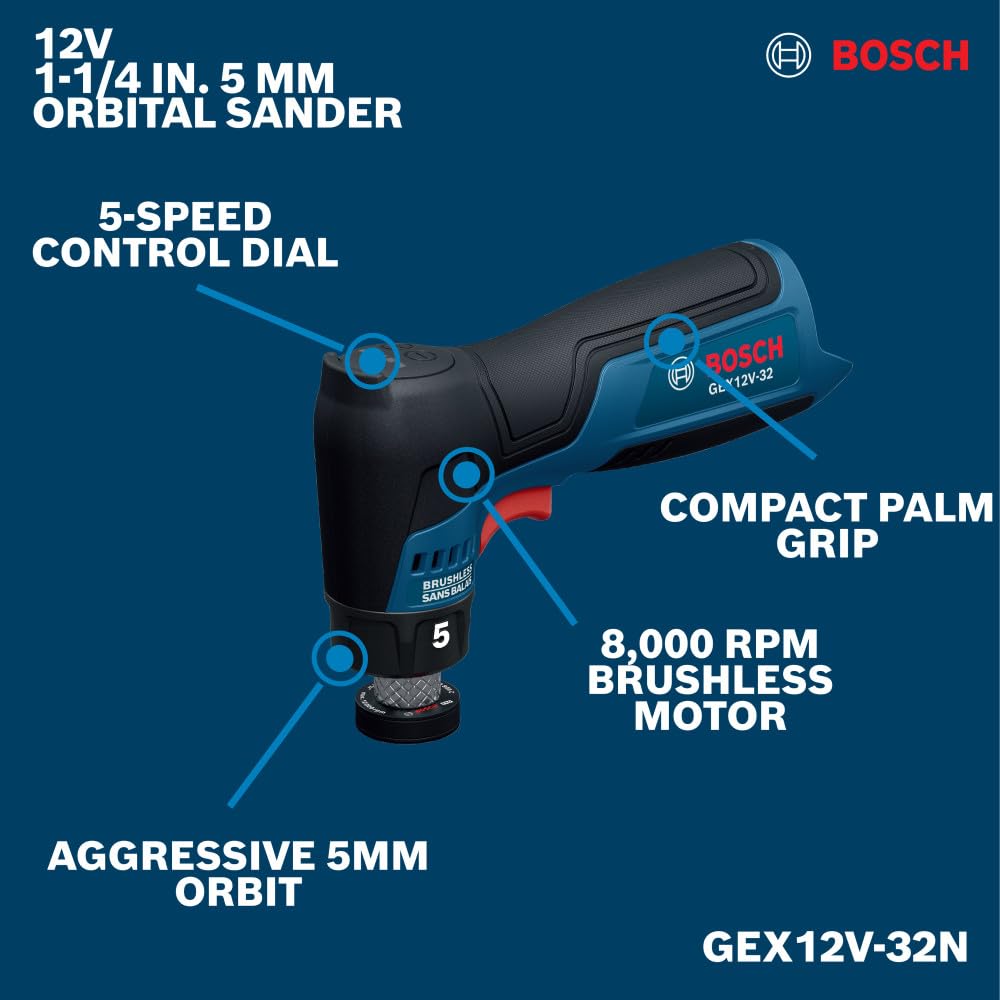 BOSCH GEX12V-32N Cordless Random Orbital Sander, 12V Brushless 1-1