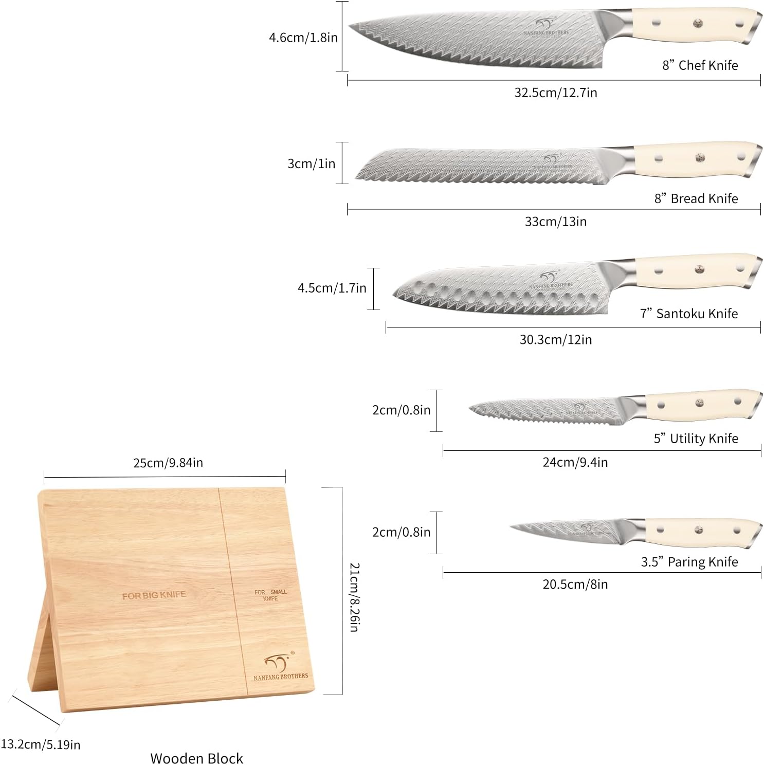 NF Damascus Kitchen Knife Set, NANFANG BROTHERS 6-Piece Damascus Steel VG10 Kitchen Knife Set with Wood Magnetic Knife Holder Block Professional Chef's Knife with Sharp Blades and ABS Ergonomic Handle