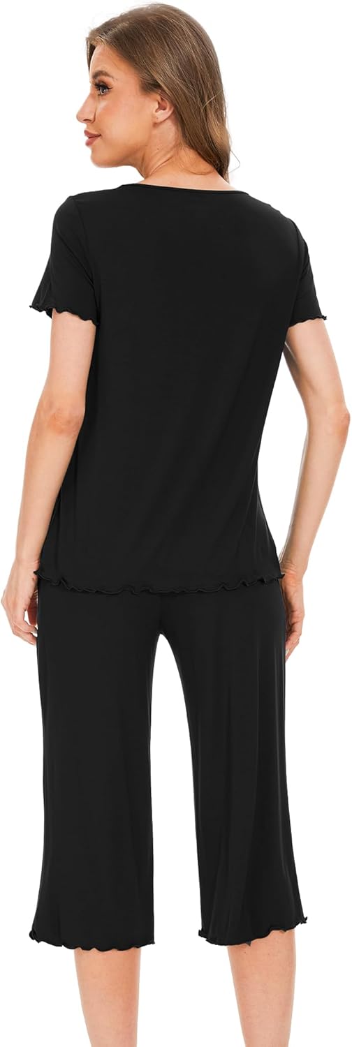 LazyCozy Womens Pajama Sets Viscose from Bamboo Pj Set Short Sleeve Top with Capri Pants Sleepwear 2 Piece Lounge Set - Image 2