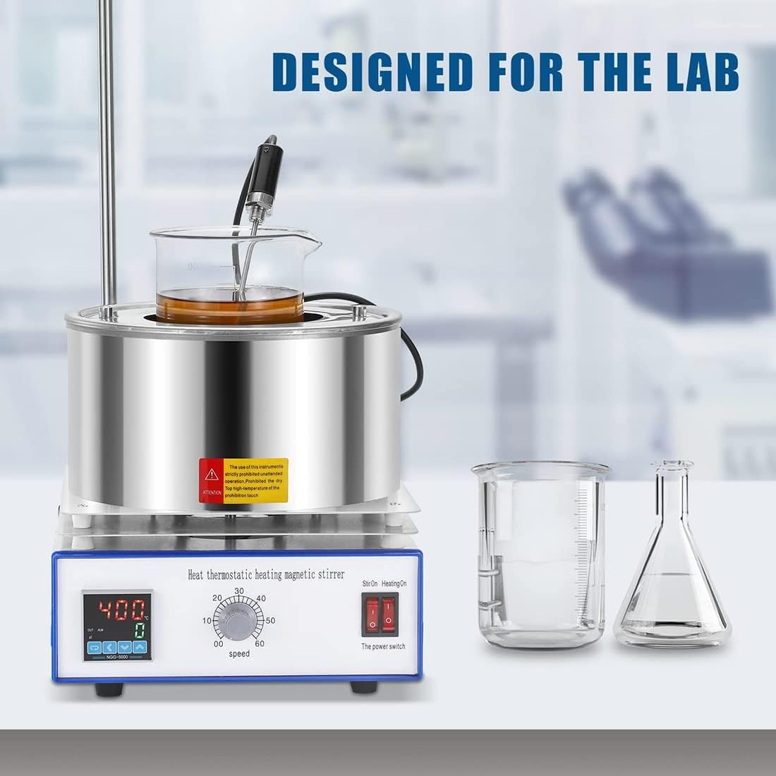 Baño de agua de laboratorio con agitación magnética, capacidad de 2000 ml, olla de calefacción de 300 °C, agitador mezclador de 0-2600 rpm, pantalla digital LED para investigación científica