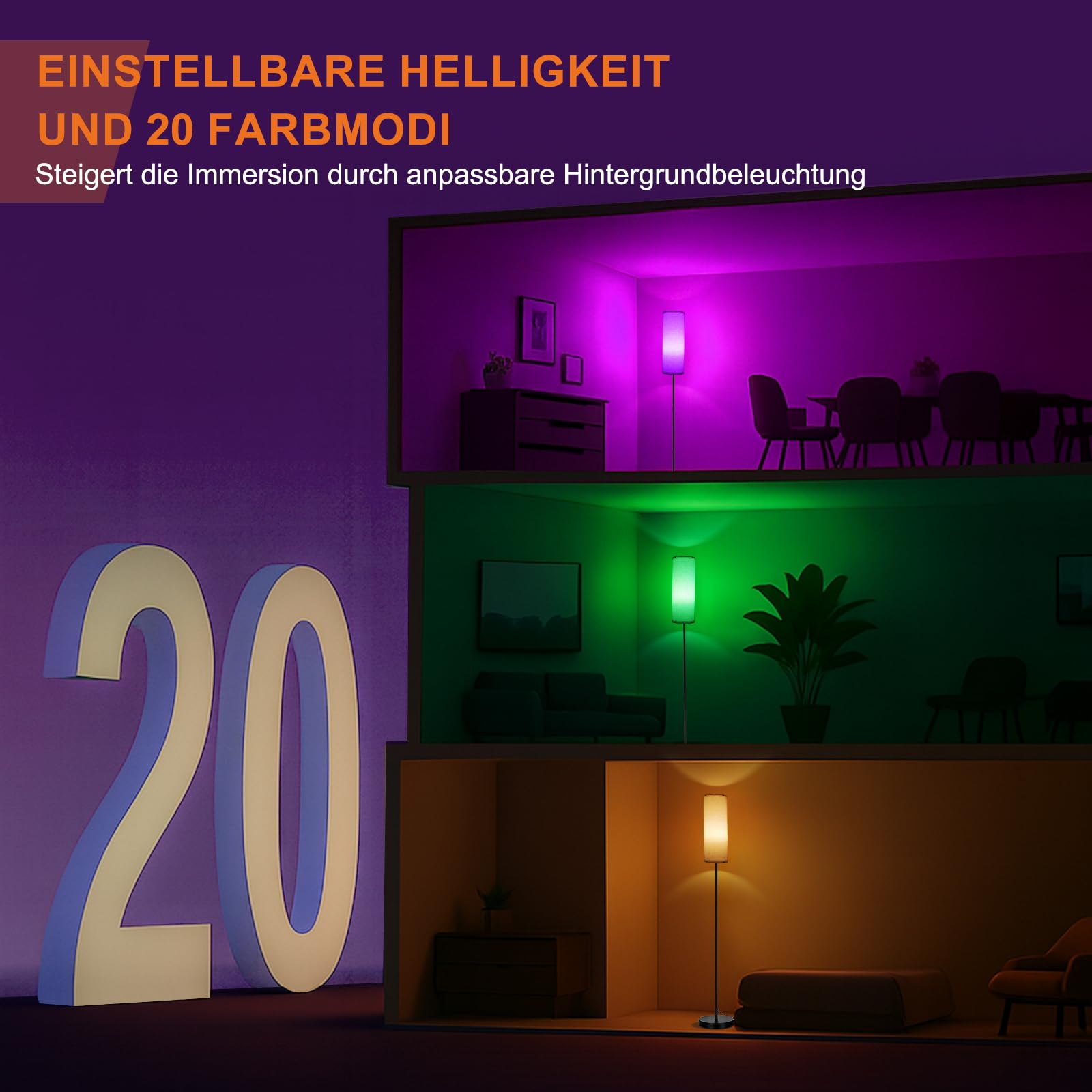 FRIDEKO HOME Stehlampe Wohnzimmer Modern RGB Dimmbar Smart Standleuchte mit Fernbedienung Musikmodus Schwarz-Sockel für Büro Schlafzimmer