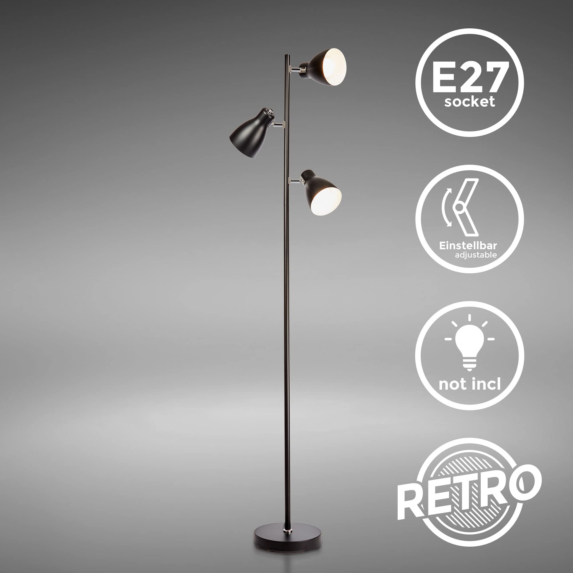 B.K.Licht Lámpara de pie diseño I 3 luces I Negro I Bombilla E27 máx. 25 W (excl.) I Altura 1665mm I Métalica I Para salón, dormitorio y estudio